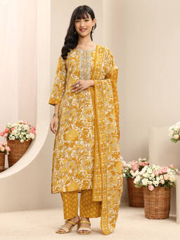Gerua By Libas - Women Thread Work Cotton Blend Kurta and Pant with Dupatta
