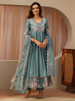 Libas - Women Embroidered Chanderi Silk Anarkali and Pant with Dupatta