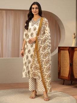 Gerua By Libas - Women Embroidered Cotton Blend Kurta and Pant with Dupatta