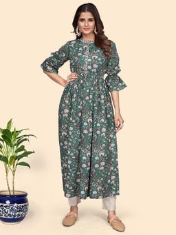 Vbuyz - Women's Floral Print A-line Cotton Aqua Stitched Kurta (vf-ku-1869)