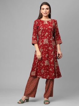 Shree - Women Rayon Maroon Floral Printed Kurta With Comfort Pant (Set Of 2)