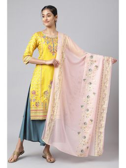 Aurelia - Pink Placement Print Silver Chiffon Dupatta