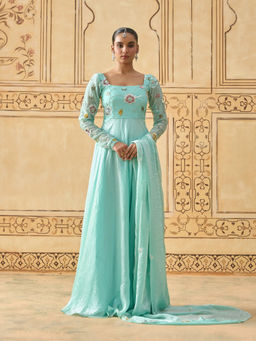 Fiorebymalar - Aqua Silk Floral Maxi Dress with Dupatta