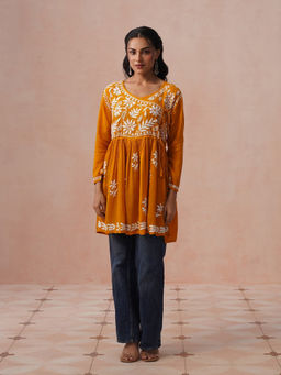 House of Chikankari - HOC Women Mustard Modal Chikankari Short Angrakha Kurta