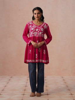 House of Chikankari - HOC Women Pink Modal Chikankari Short Angrakha Kurta