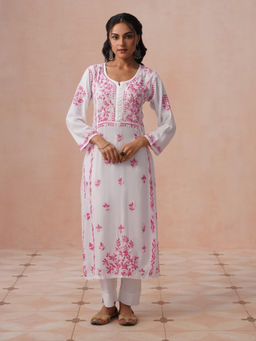 House of Chikankari - HOC Women White Rayon Chikankari Kurta