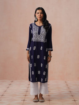 House of Chikankari - HOC Women Navy Blue Modal Chikankari Kurta