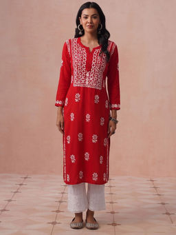 House of Chikankari - HOC Women Red Modal Chikankari Kurta