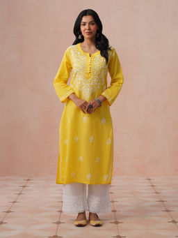 House of Chikankari - HOC Women Yellow Cotton Chikankari Kurta