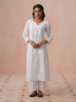 House of Chikankari - HOC Cotton Chikankari Solid Straight Women's White Long Kurta