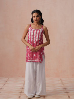 House of Chikankari - HOC Mulmul Chikankari Printed Women's Pink Short Kurta