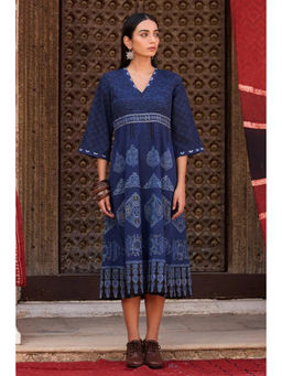 Okhai - Indus Cotton Ajrakh Blue Midi Dress