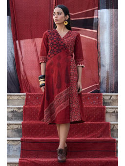 Okhai - Mosaic Cotton Ajrakh Red Wrap Dress