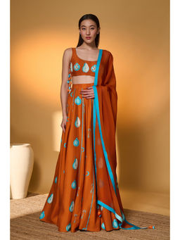 Masaba - Orange Raw Silk Self Design Blouse with Lehenga and Dupatta