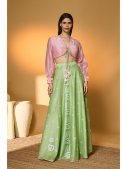 Masaba - Green Chanderi Floral Blouse with Skirt