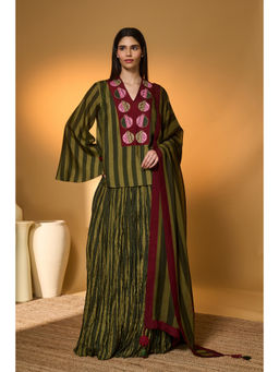 Masaba - Olive Raw Silk Stripes Kurta with Skirt and Dupatta