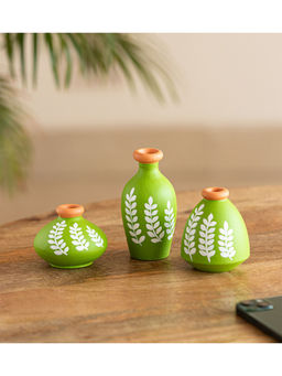 ExclusiveLane - 3 Hand Painted Miniature Terracotta Pots Showpieces Green