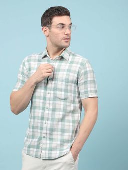 CRIMSOUNE CLUB - Men's Green Checked 100% Cotton Shirt