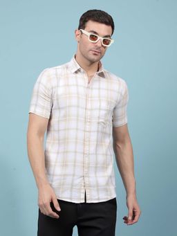 CRIMSOUNE CLUB - Men's Beige Checked 100% Cotton Shirt