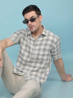 CRIMSOUNE CLUB - Men's Beige Checked Linen Shirt