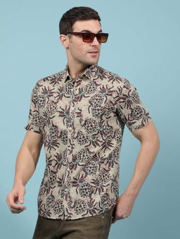 CRIMSOUNE CLUB - Men's Beige Floral Print Linen Shirt