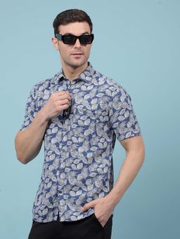 CRIMSOUNE CLUB - Men's Blue Floral Print Linen Shirt
