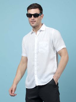 CRIMSOUNE CLUB - Men's White Vertical Stripes Linen Shirt