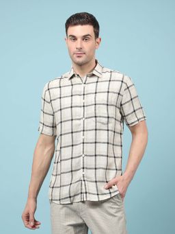 CRIMSOUNE CLUB - Men's Beige Checked Linen Shirt