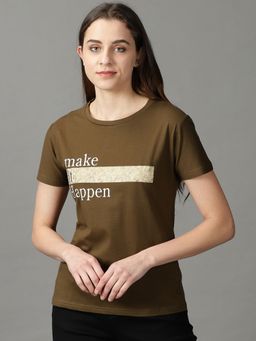 SHOWOFF - Womens Half Sleeves Round Neck Olive Printed T-Shirt