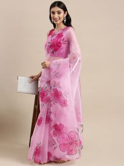 Vastranand - Pink Organza Party Wear Saree With Aari Work Butta with Unstitched Blouse