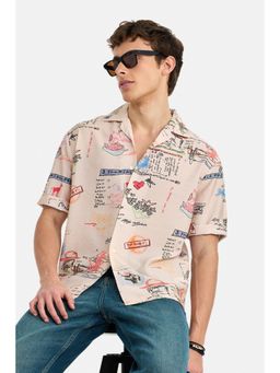 Snitch - Men Beige Graphic Printed Half Sleeves Casual Shirt