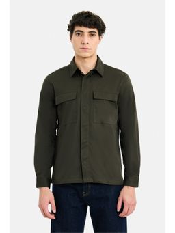 Snitch - Men Dark Olive Solid Full Sleeves Regular Casual Shirt