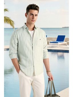 Louis Philippe - Men Premium Green Stripes Summer Casual Shirt