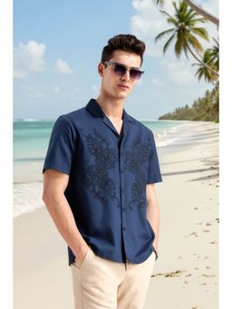 Louis Philippe - Men Navy Blue Embroidered Half Sleeves Casual Shirt