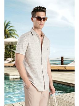 Louis Philippe - Men Beige Textured Half Sleeves Summer Casual Shirt