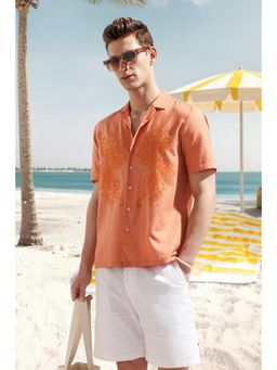 Louis Philippe - Men Orange Embroidered Half Sleeves Casual Shirt