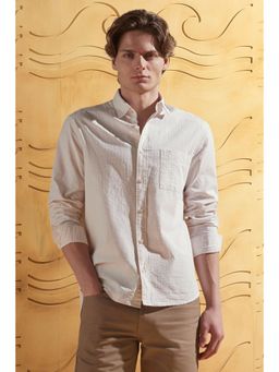 Peter England - Men Beige Relaxed Fit Textured Full Sleeves Casual Shirt