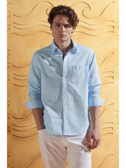 Peter England - Men Light Blue Relaxed Fit Textured Full Sleeves Casual Shirt