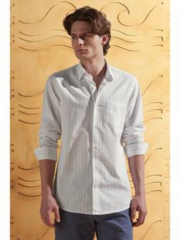 Peter England - Men Off White Slim Fit Stripes Full Sleeves Casual Shirt