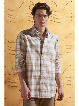 Peter England - Men Light Brown-Beige Slim Fit Checks Casual Shirt