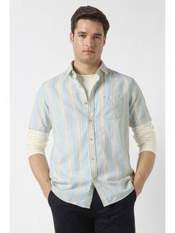 Peter England - Men Light Blue Slim Fit Stripes Half Sleeves Casual Shirt