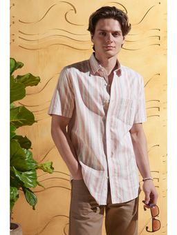 Peter England - Men Pink Slim Fit Stripes Half Sleeves Casual Shirt