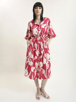 Black & Blah Blah - Relaxed Fit Floral Printed Flared and Tie-up Liva Rayon Midi Dress