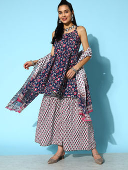 Bhayli - Floral Jaal Print Cotton Kurti with Sharara and Dupatta (Set of 3)