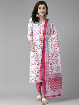 Bhayli - Straight White Pink Flowers Kurta with Pants and Dupatta (Set of 3)