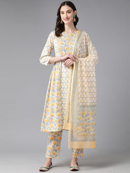 Bhayli - Floral Buti Print Cotton Kurta with Pants and Dupatta (Set of 3)