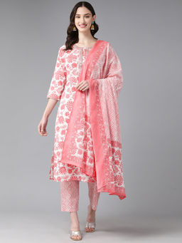 Bhayli - Floral Jaal Print Cotton Kurta with Pants and Dupatta (Set of 3)