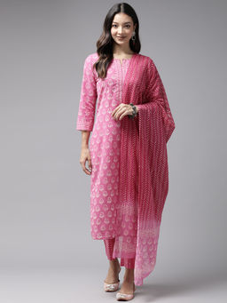 Bhayli - Floral Small Booti Print Cotton Hand Block Kurta with Pants and Dupatta (Set of 3)