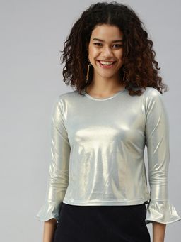 SHOWOFFFF - Women Round Neck Bell Sleeves Solid Silver Top