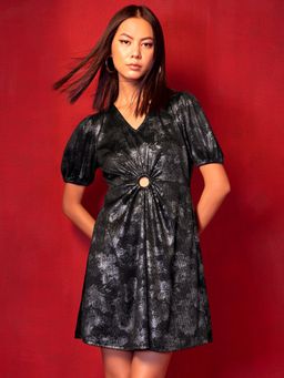 FabAlley - Black Lycra Puff Sleeve Dress